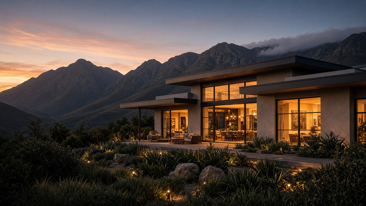 Home lit up at dusk in the winelands