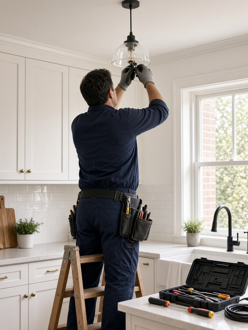 Electrician installing a pendant light